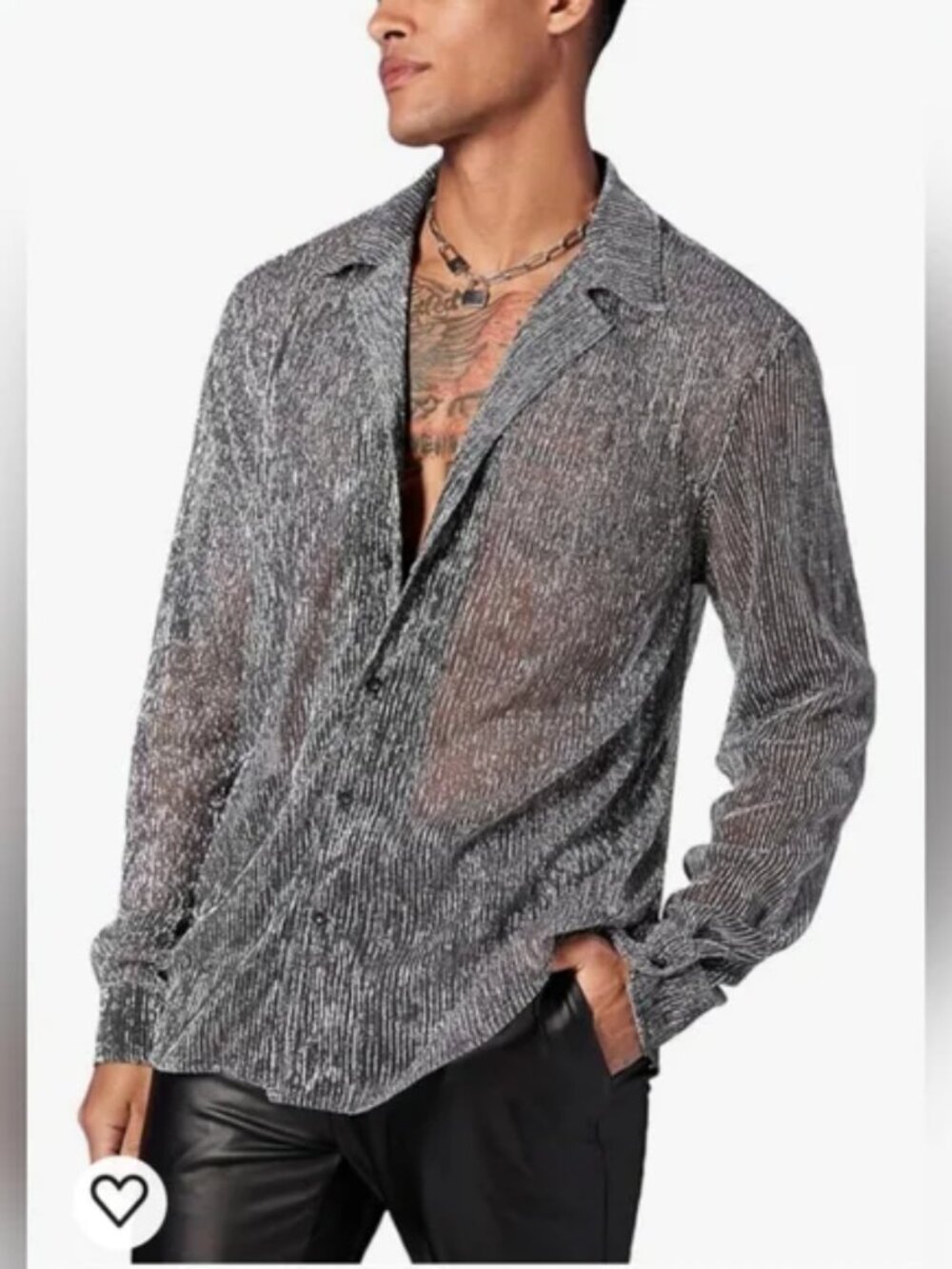 WDIRARA Men's Sheer Mesh See Through Glitter Button Front Long Sleeve Shirt, 2XL